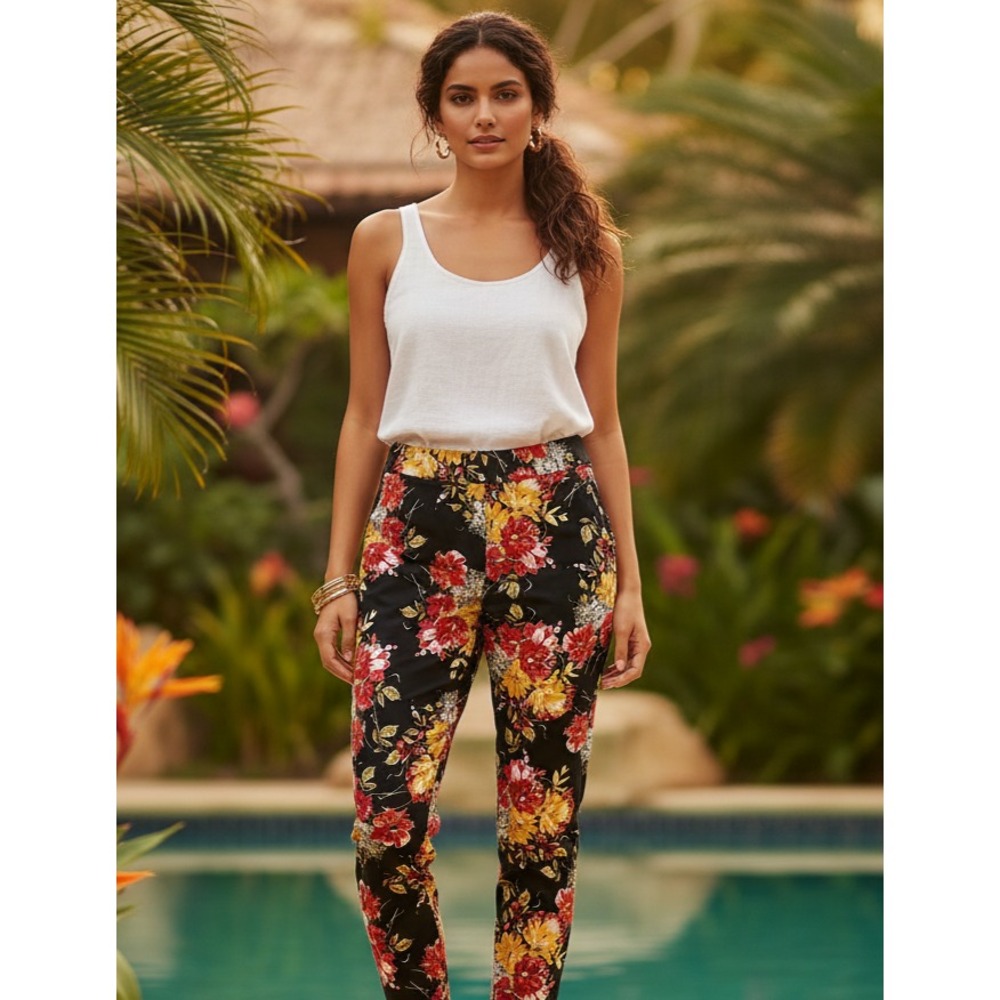 Time Tru Pants 14 Slim Crop Black Floral Womens Tomato Girl Moody Botanical Mod